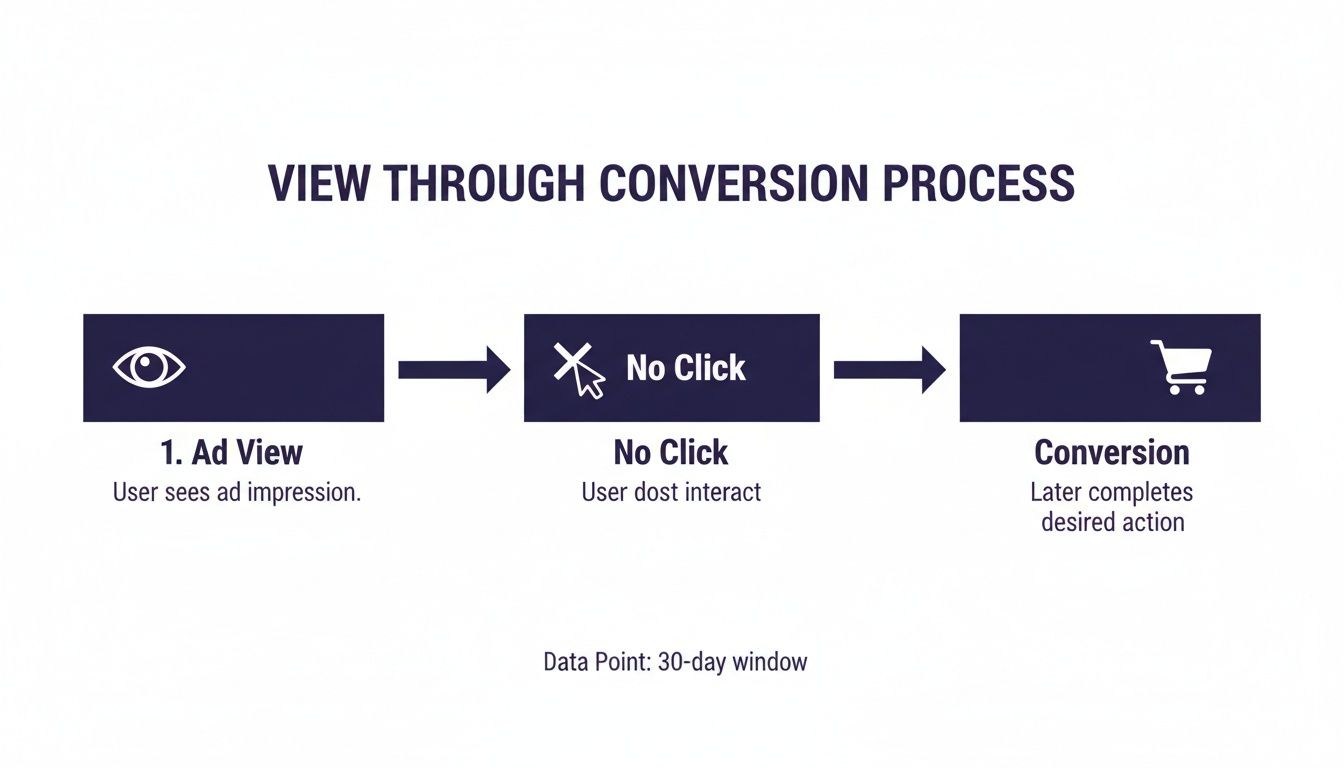 Diagram illustrating the view-through conversion process: ad view, no click, leading to a conversion within 30 days.