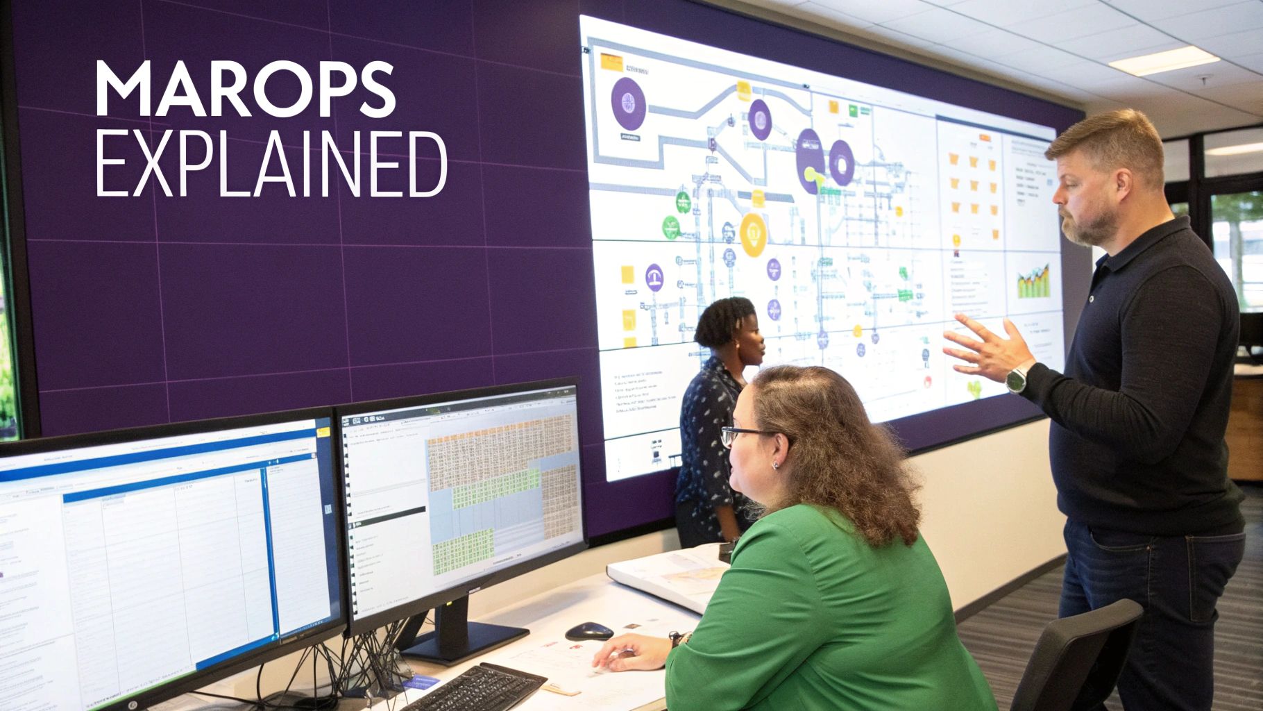 Team discusses marketing operations data on large wall screens and computer monitors.