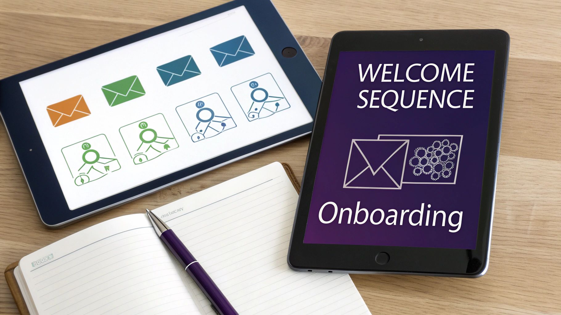 Two tablets display email marketing and onboarding content, with a notebook and pen on a wooden desk.