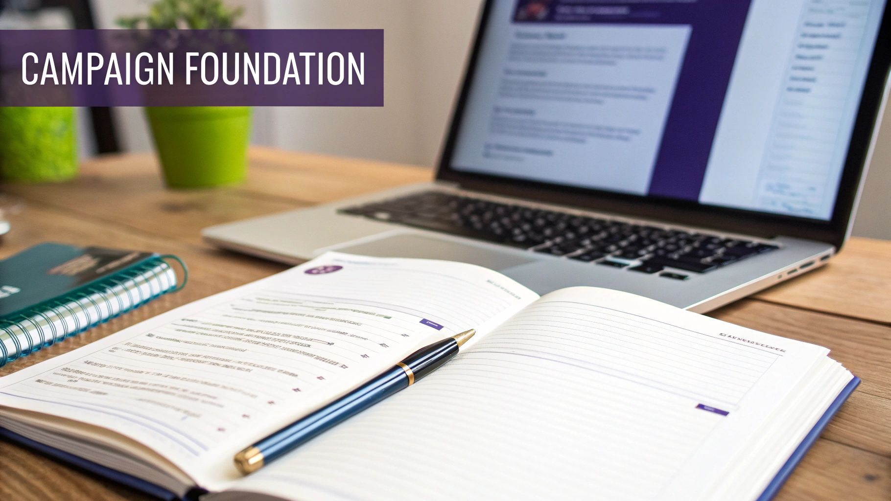 A work desk with an open planner, pen, laptop, and a plant. Text reads 'CAMPAIGN FOUNDATION'.
