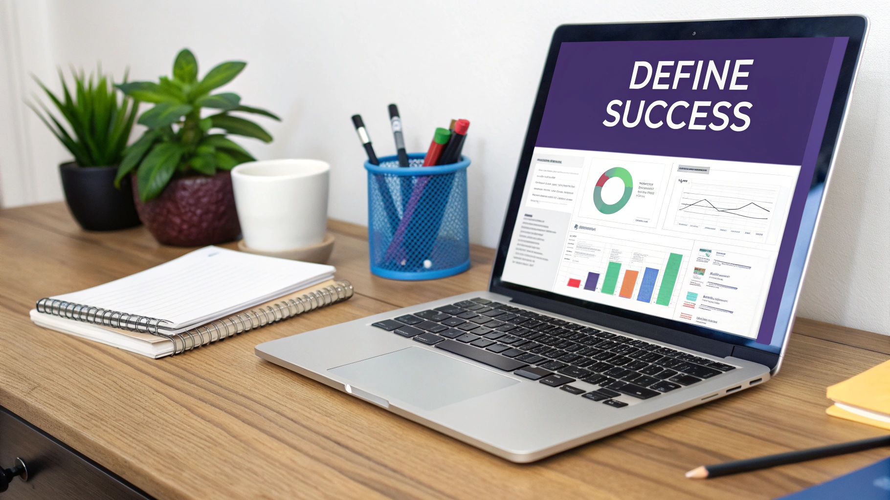 A modern workspace featuring a laptop displaying 'DEFINE SUCCESS' and business analytics charts, with notebooks and plants.