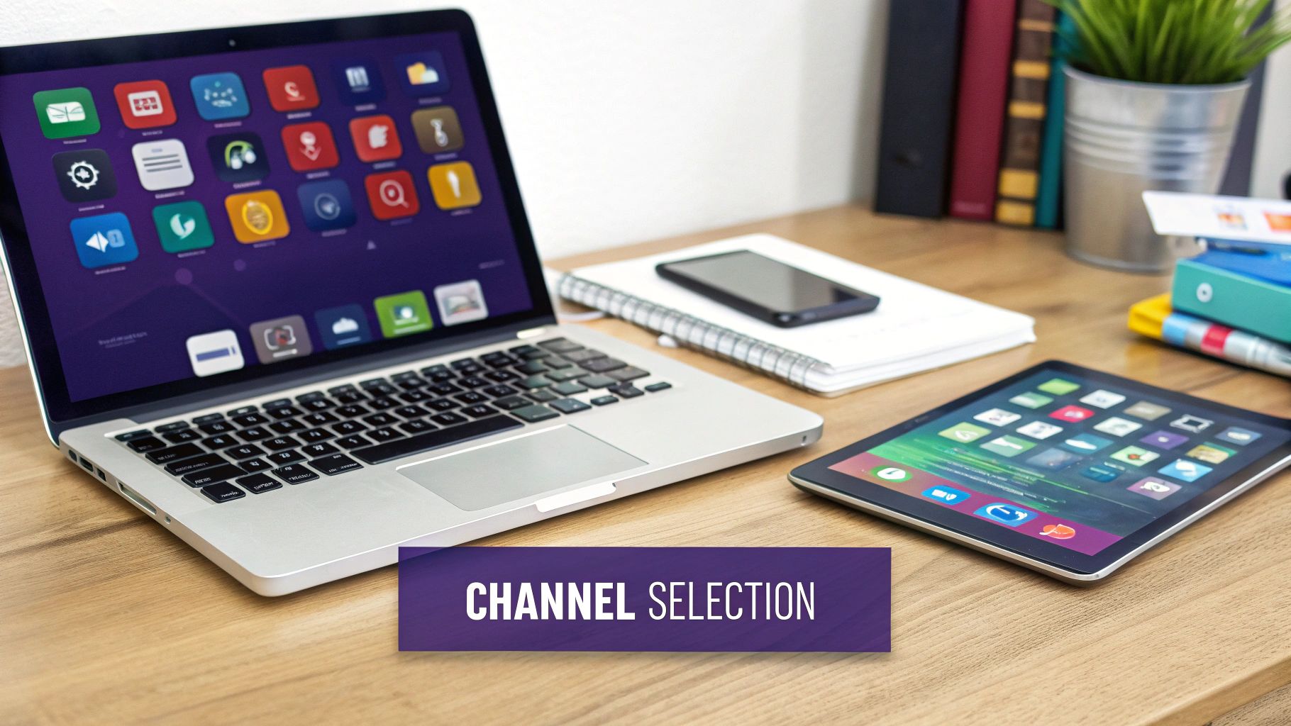A person using a laptop with icons representing different marketing channels like social media, email, and search engines floating around the screen.