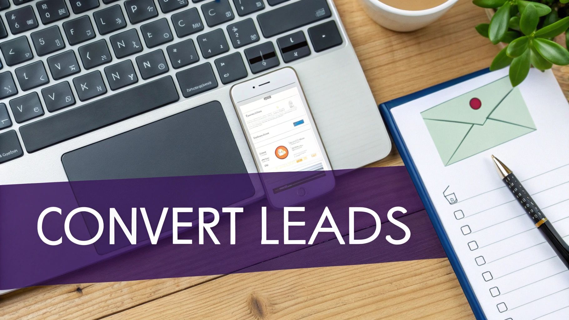 Convert leads text on purple banner over laptop, smartphone, notepad and coffee on wooden desk