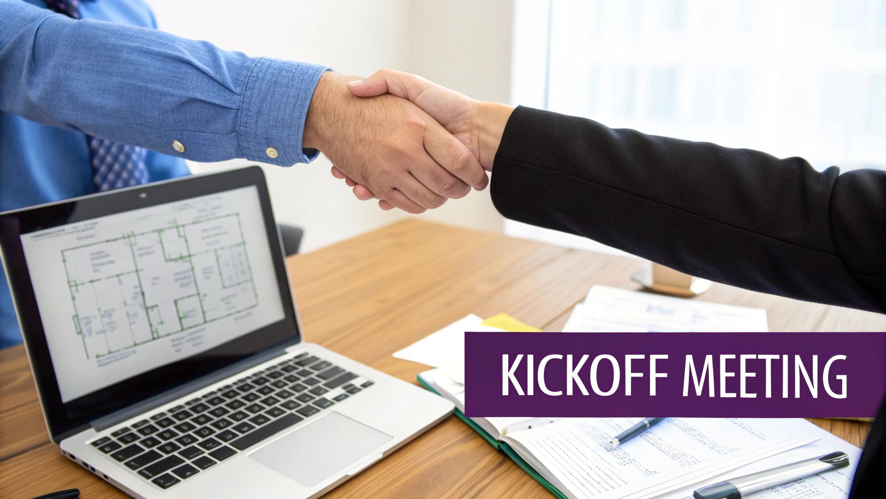 Two professionals shaking hands at a table with a laptop and documents, signifying a kickoff meeting.