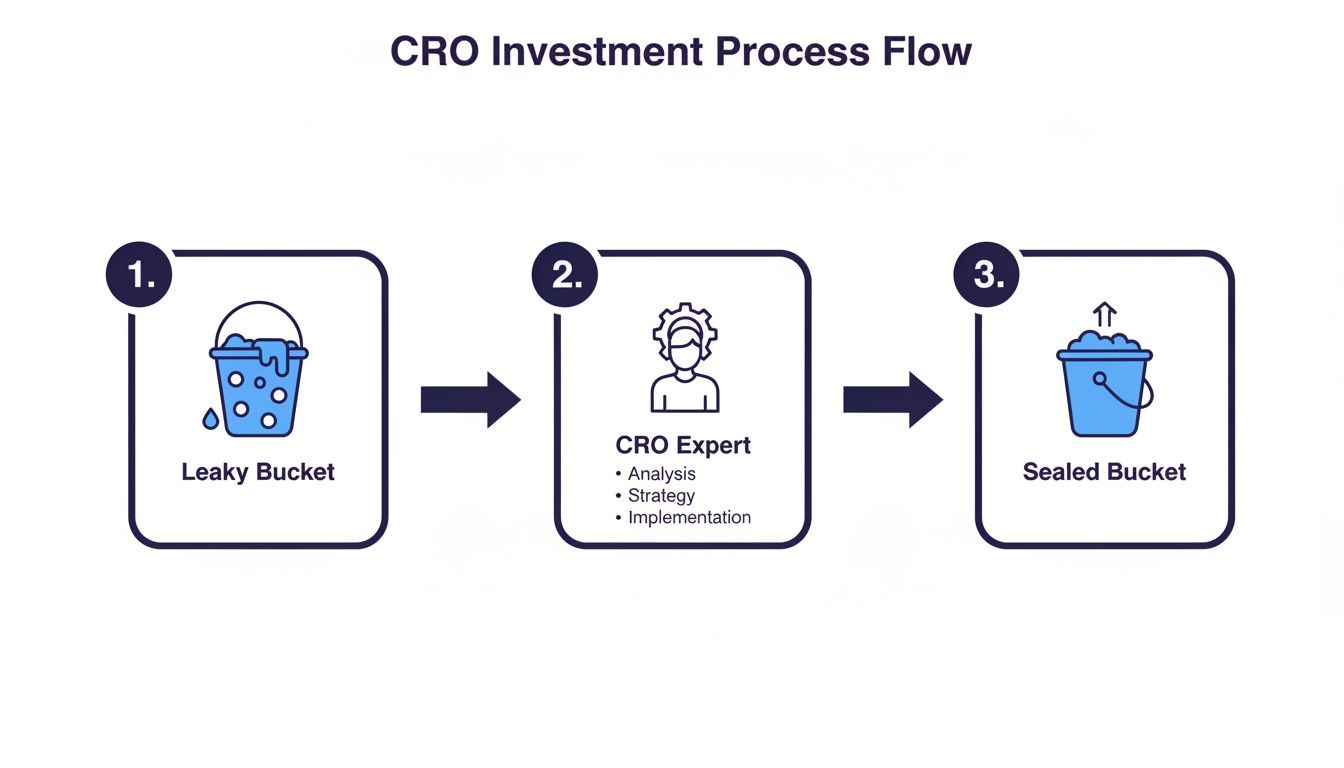 A diagram illustrating the CRO investment process, transforming a leaky bucket into a sealed one with expert analysis and strategy.