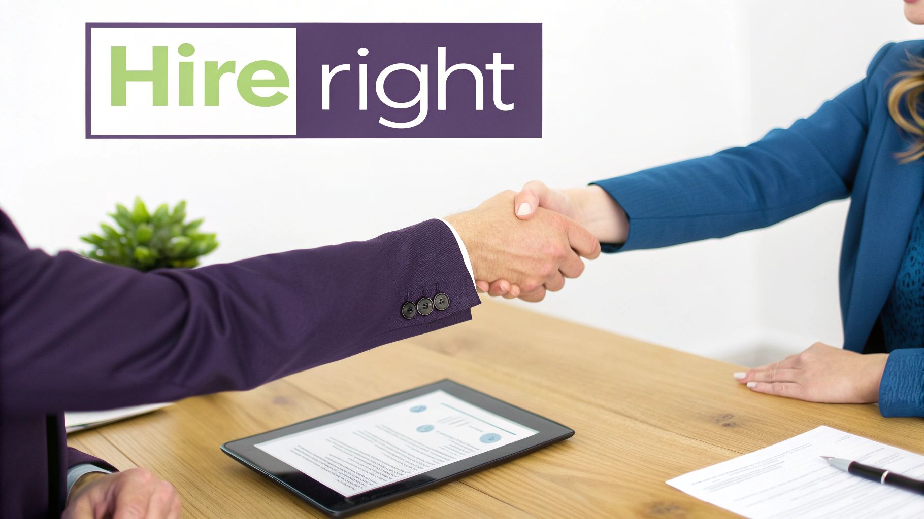 Business professionals shaking hands over a tablet and documents, under the 'Hire right' logo.