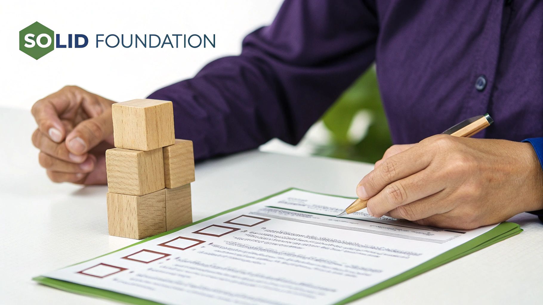 A person building wooden blocks while writing on a document, symbolizing a solid foundation.