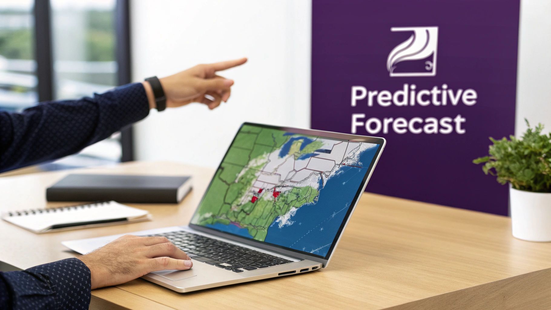 A marketing professional analyzing data charts and graphs on a large screen, representing a predictive analytics dashboard.