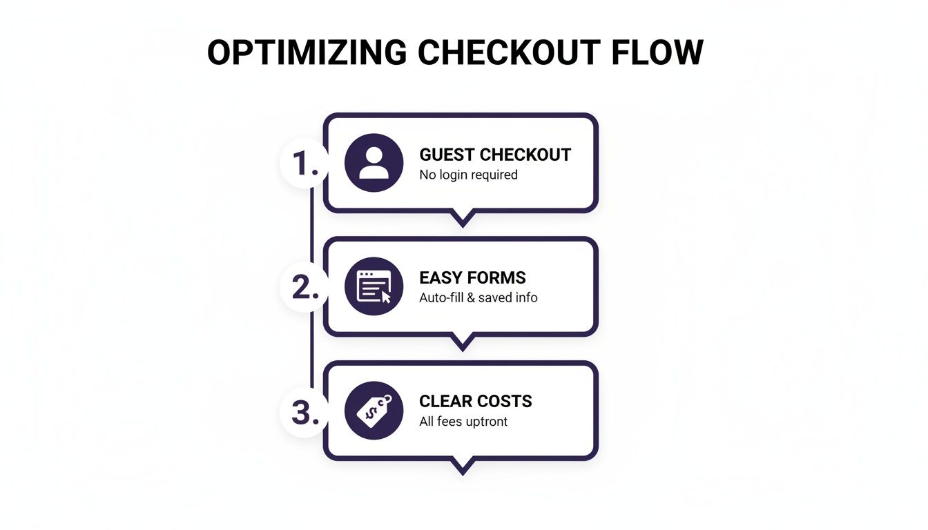A diagram outlining three steps to optimize checkout flow: guest checkout, easy forms, and clear costs.