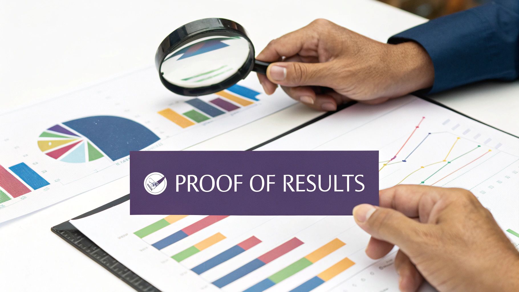 Hands analyzing business charts and graphs with a magnifying glass, overlaid with a 'PROOF OF RESULTS' banner.