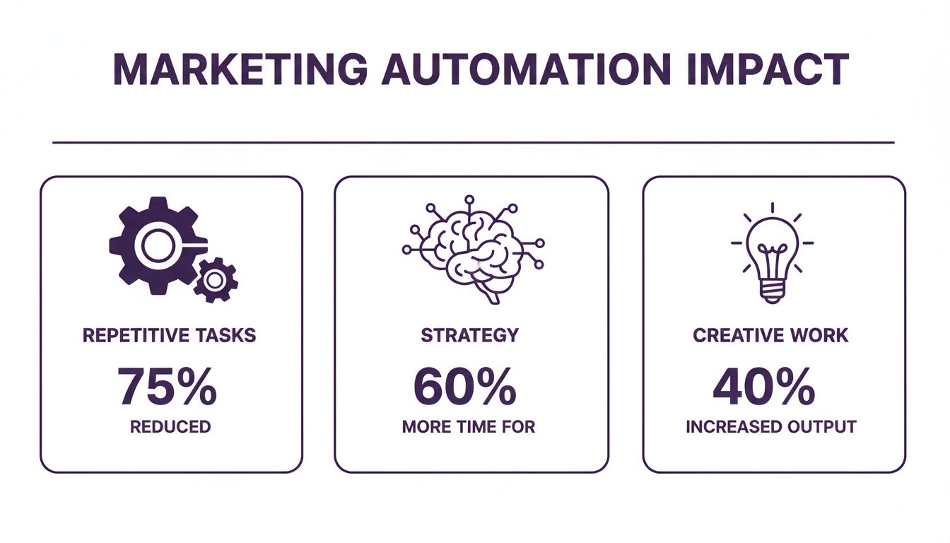 Infographic showing marketing automation impact: 75% repetitive tasks reduced, 60% more time for strategy, and 40% increased creative output.