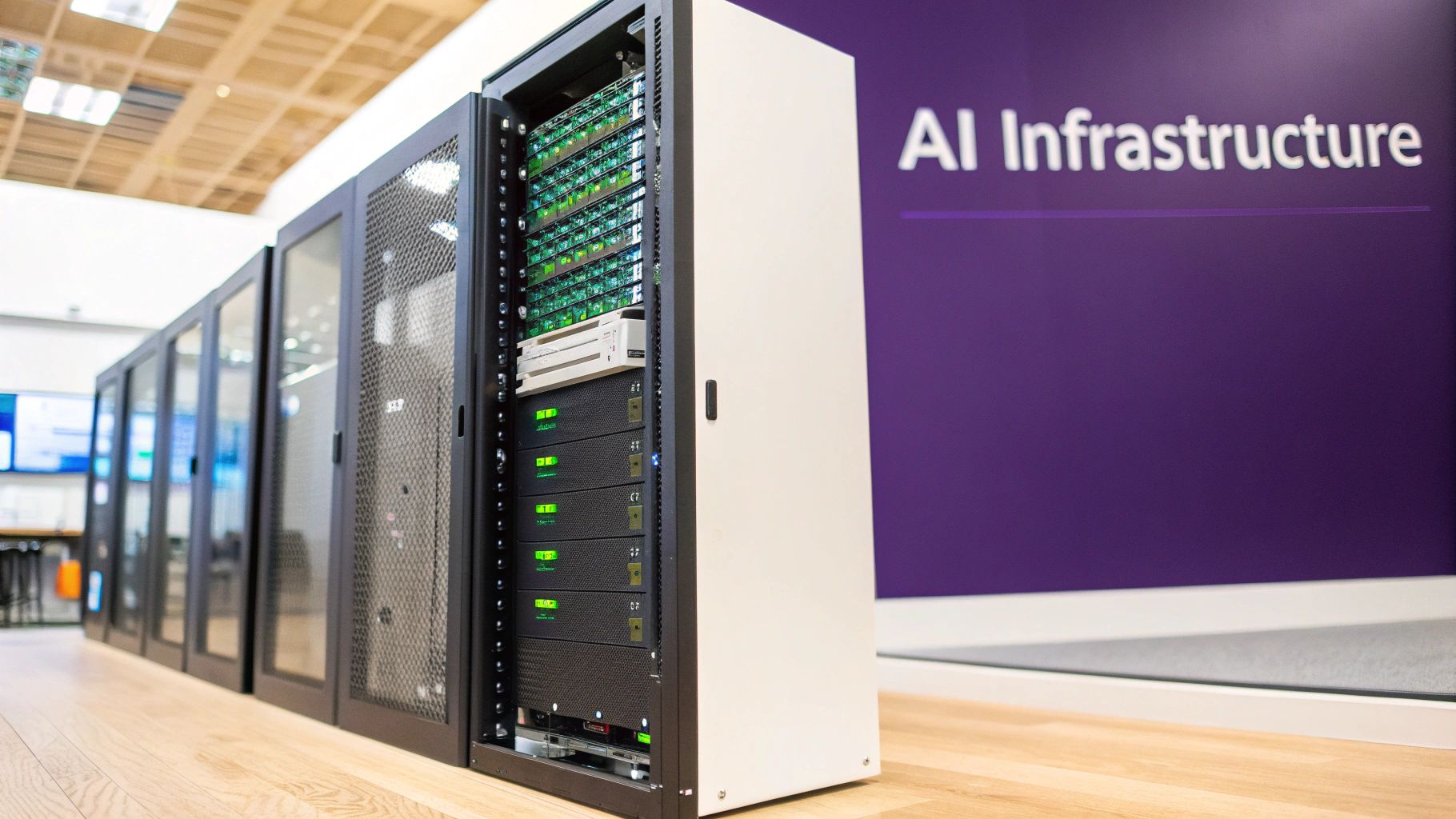 A data center with multiple server racks, one open, revealing components, and a wall sign 'AI Infrastructure'.