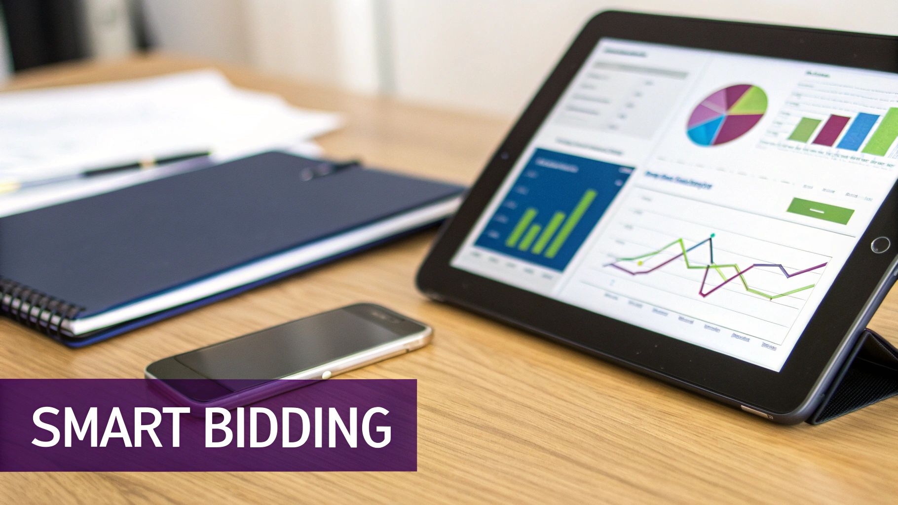 A tablet displaying business data, graphs, and charts on a wooden desk with a phone.