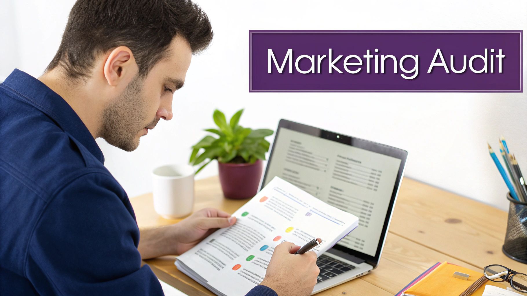 A man reviews a marketing audit document at a desk with a laptop and office supplies.