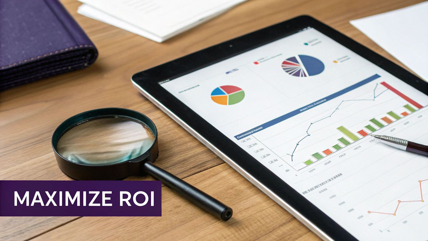 Tablet showing business charts and graphs with a magnifying glass and pen on a wooden desk, emphasizing ROI.