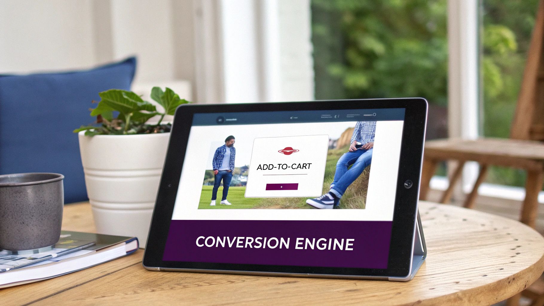 A person shopping online on their laptop, with a visually appealing product page and a smooth checkout process highlighted.