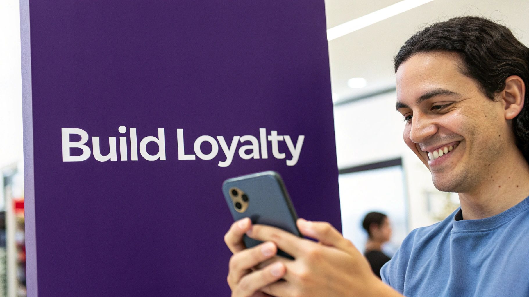 Smiling man looks at his smartphone next to a purple sign with 'Build Loyalty' text.