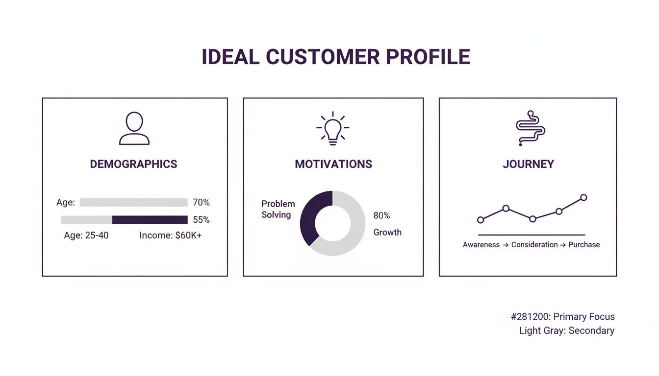 An ideal customer profile showing demographics, motivations, and the customer journey through charts.