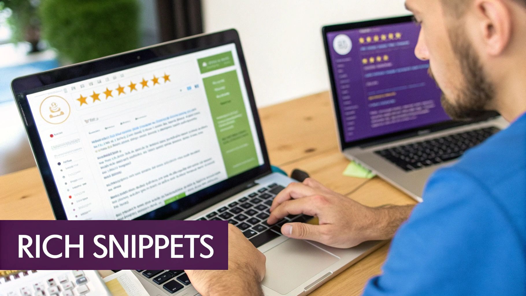 A person types on a laptop, with two screens displaying websites showing star ratings and rich snippets.