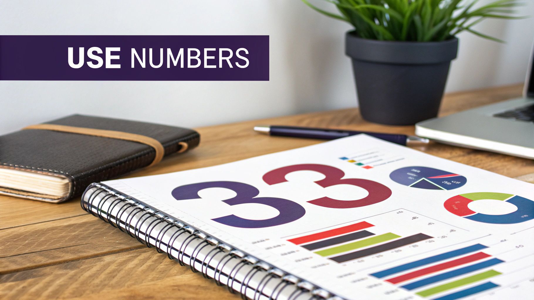 A desk with a document featuring numbers, charts, and a banner reading 'USE NUMBERS'.