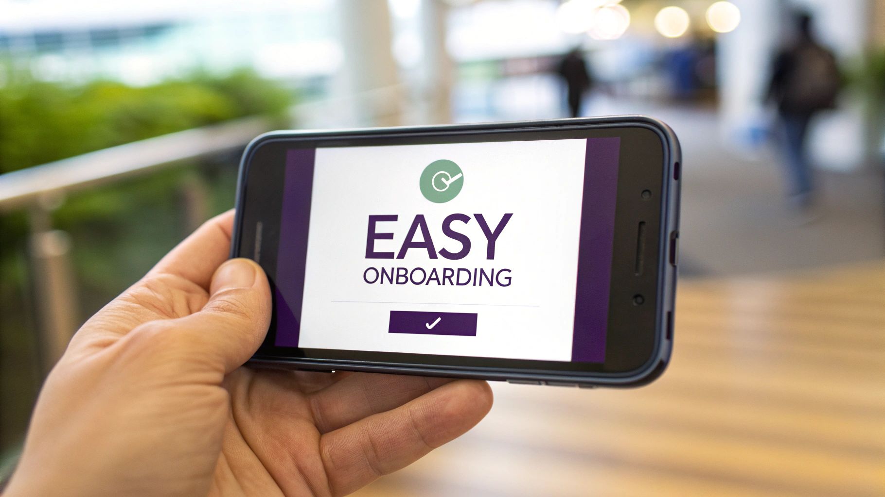 A hand holds a smartphone displaying "Easy Onboarding" with a checkmark logo, signifying a seamless user experience.