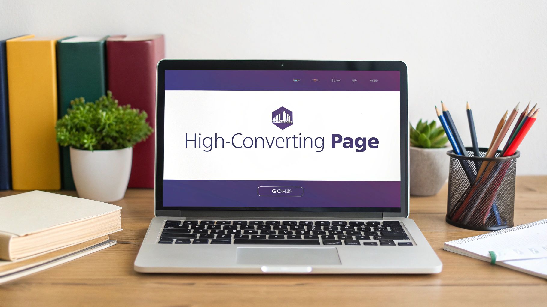 A laptop on a wooden desk displays a 'High-Converting Page' with a logo, alongside books and office supplies.