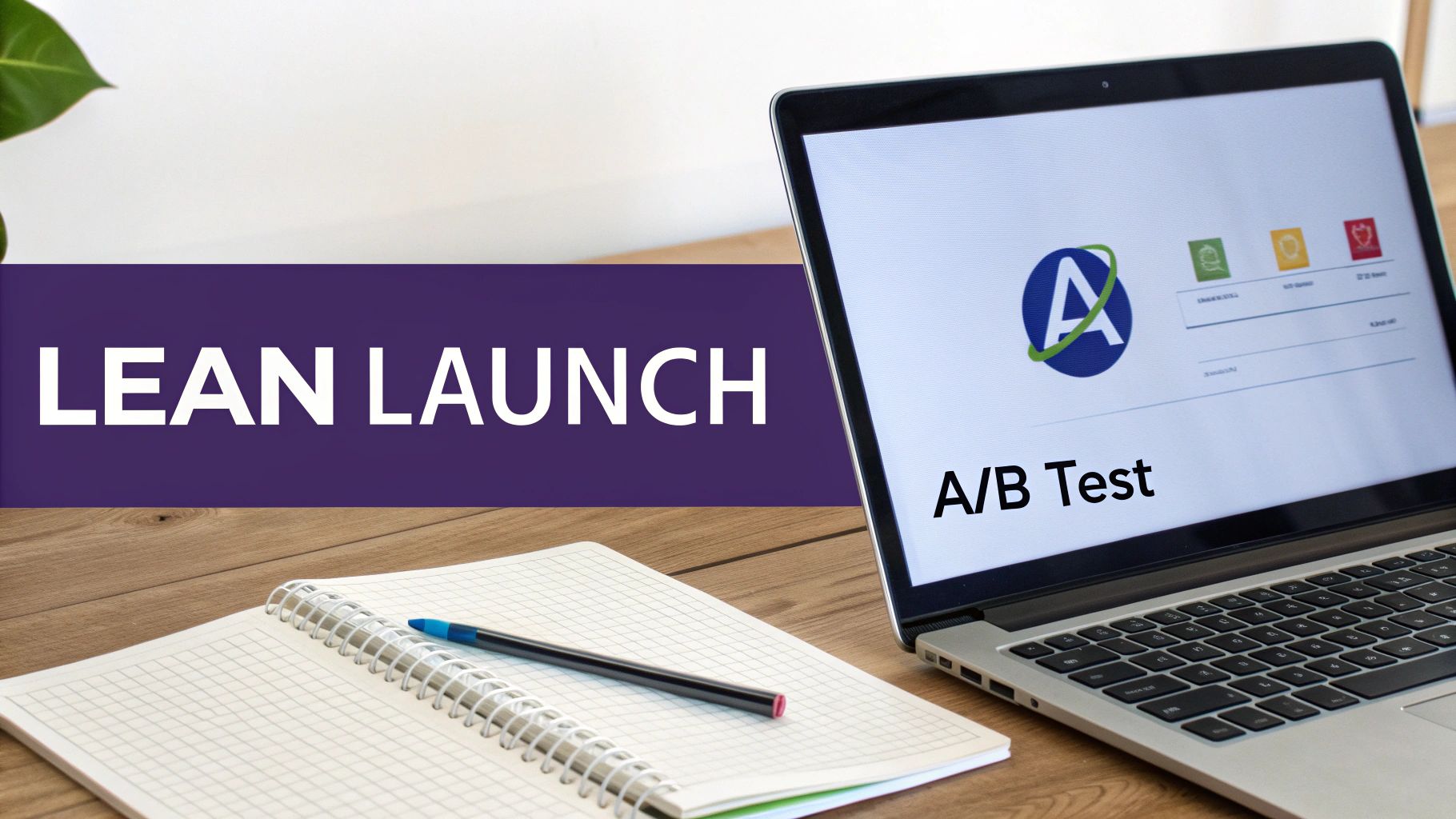 A laptop displaying A/B test results, a notebook, and a pen on a wooden desk, with a 'LEAN LAUNCH' banner.