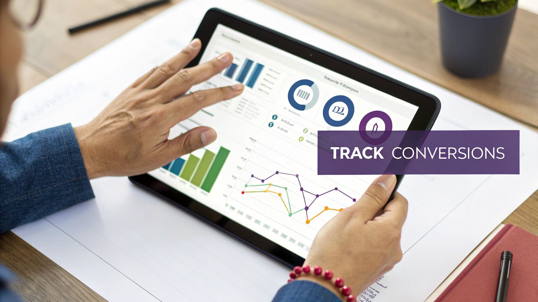 Hands interacting with a tablet displaying marketing conversion rate charts and graphs.
