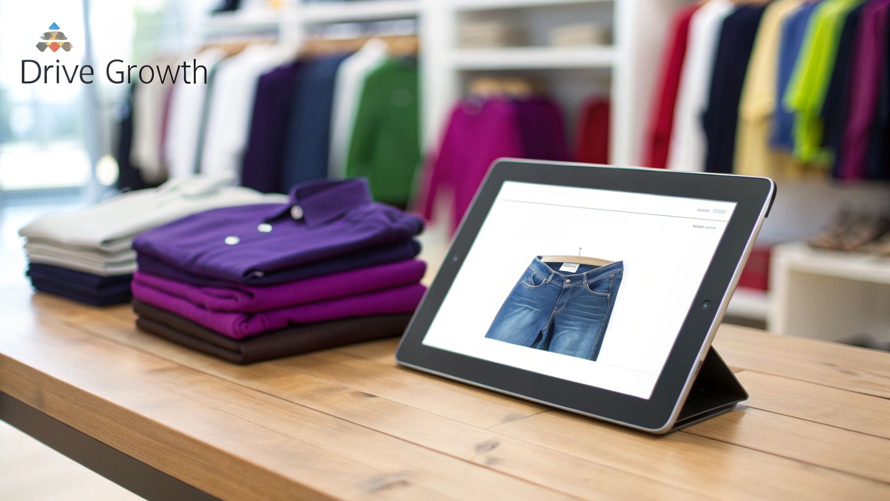 A tablet showing blue jeans in a clothing store with folded shirts and blurry clothes racks.