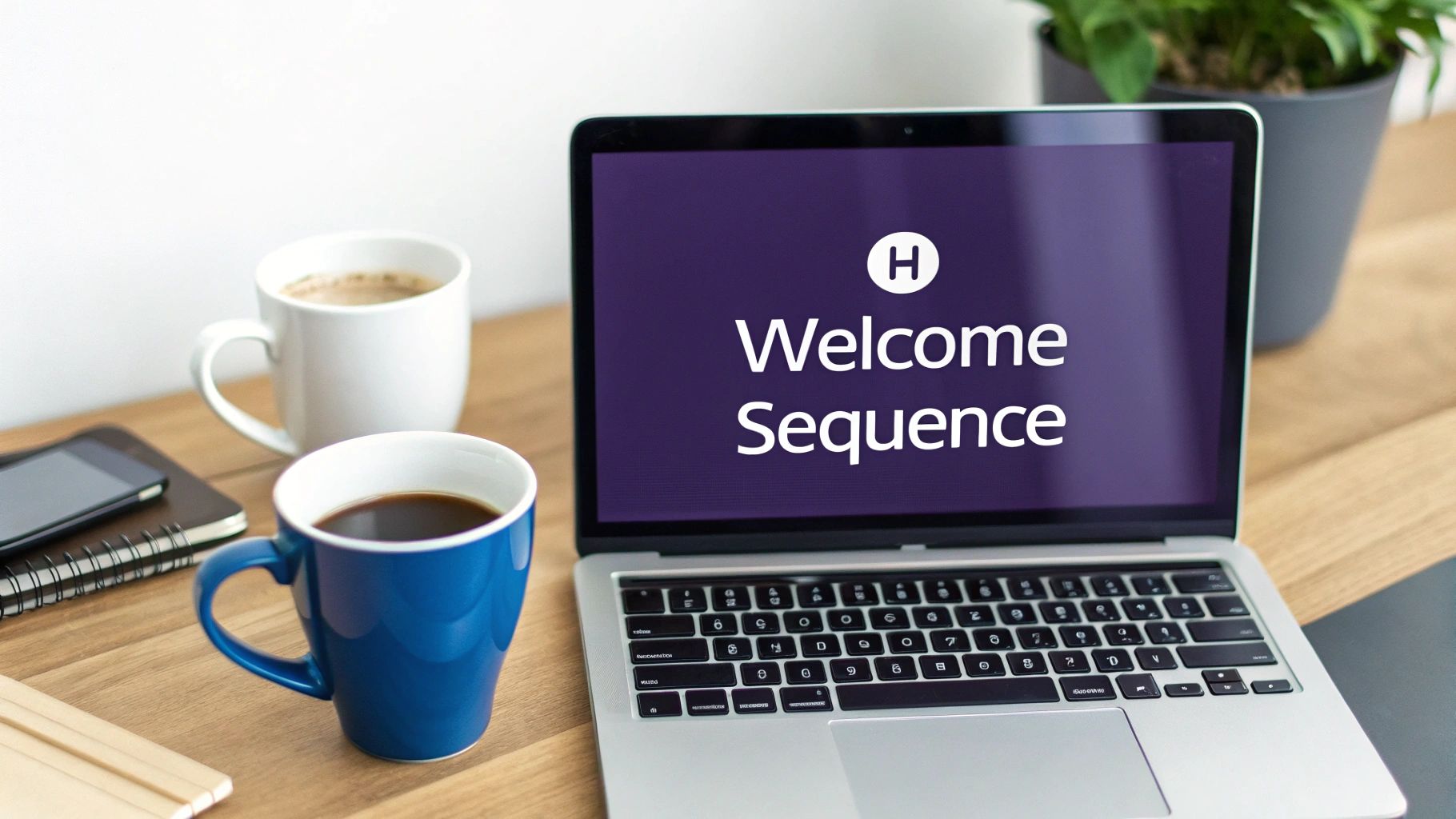 A laptop screen displays 'Welcome Sequence' with a logo, surrounded by coffee mugs, a phone, and a plant on a desk.