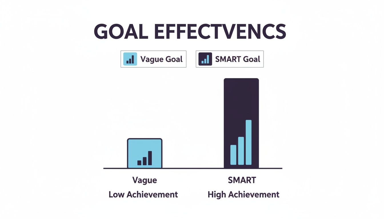 Bar chart showing SMART goals lead to higher achievement and effectiveness compared to vague goals.