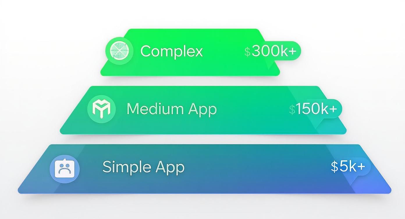 Pyramid chart showing mobile app development costs: Simple ($5k+), Medium ($150k+), and Complex ($300k+).