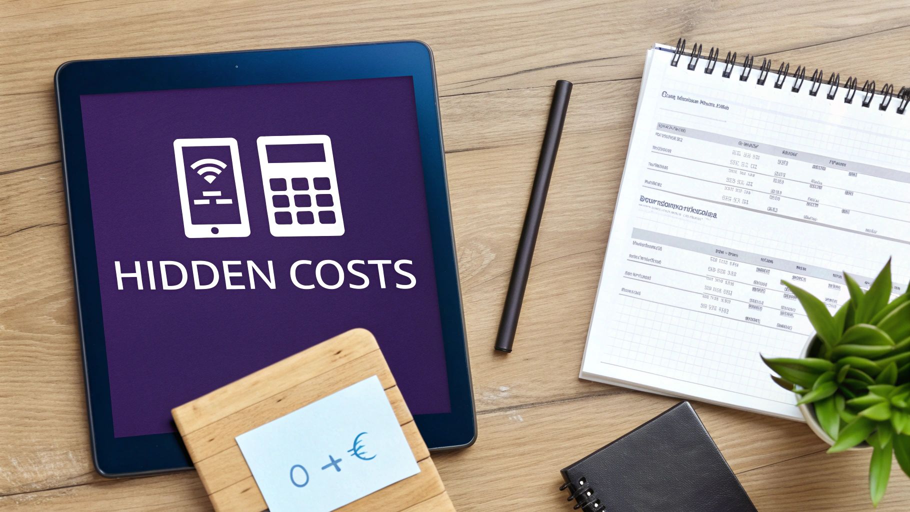 Overhead shot of a tablet displaying "Hidden Costs" alongside a notebook with financial calculations and a sticky note.