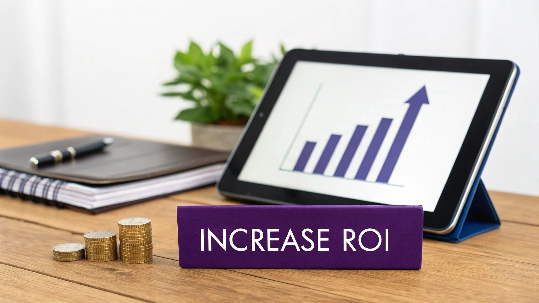 A tablet displays a growth bar graph with an upward arrow next to stacks of coins and a box saying 'INCREASE ROI'.