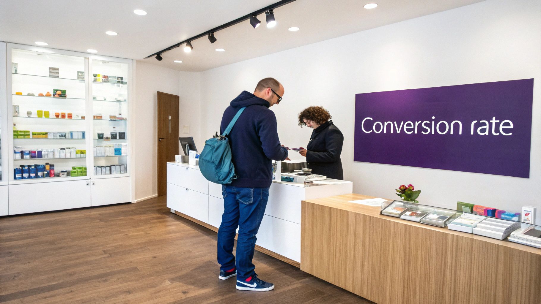 Two people at a modern reception desk in an office with a prominent 'Conversion rate' sign.