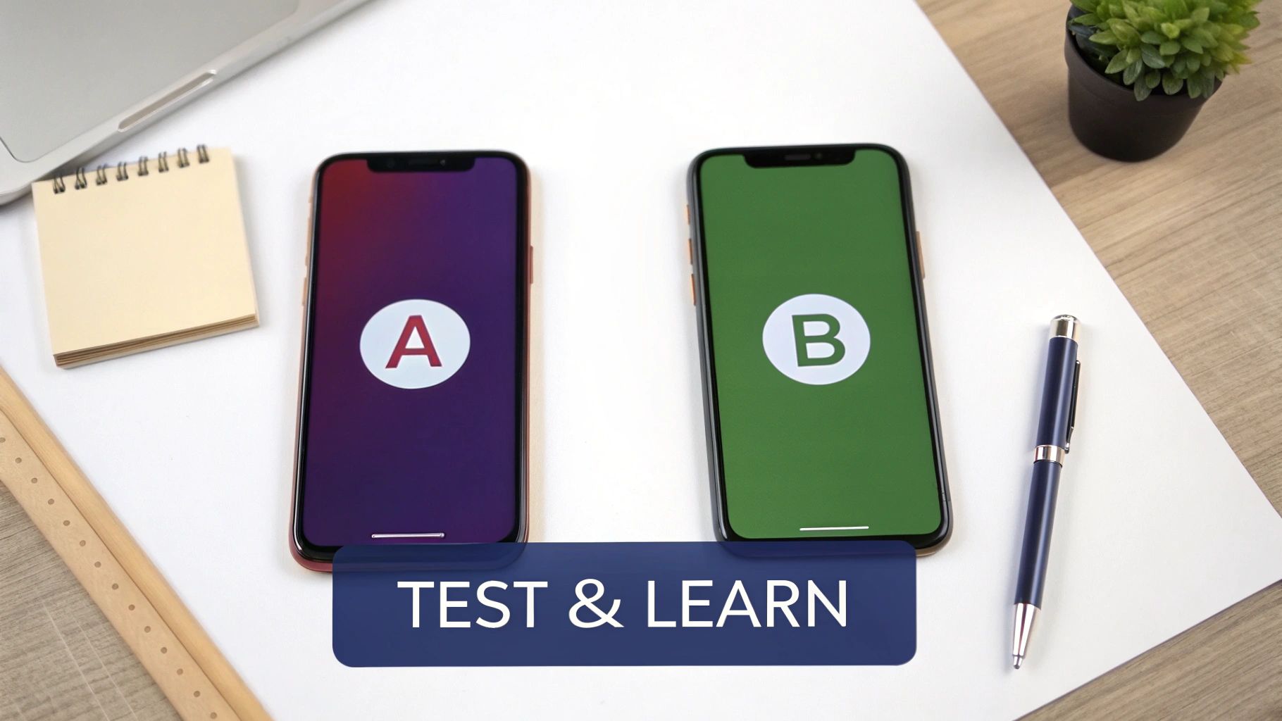 Two smartphones, labeled A and B, displaying different visuals for A/B testing and learning.
