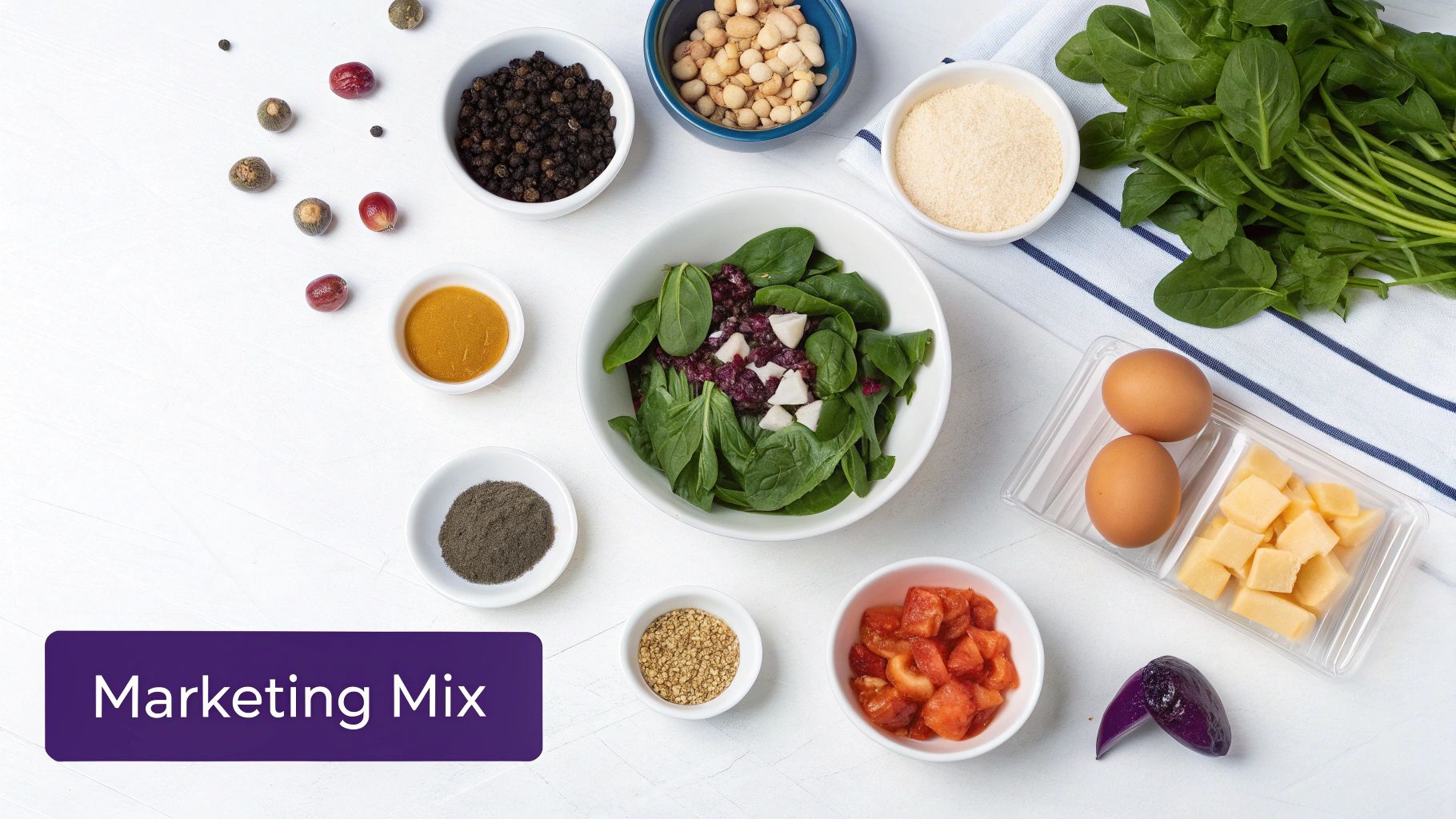 A flat lay of fresh salad ingredients, spices, nuts, eggs, and cheese on a white surface.