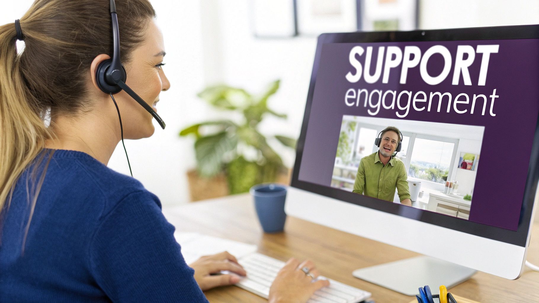 A woman in a headset interacts with a man on a video call on a monitor displaying 'SUPPORT engagement'.
