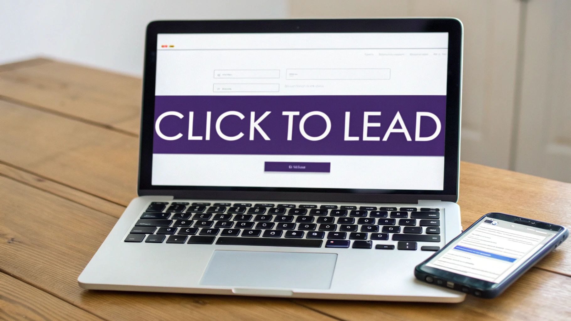 A laptop displaying a 'CLICK TO LEAD' banner on its screen, with a smartphone nearby on a wooden table.
