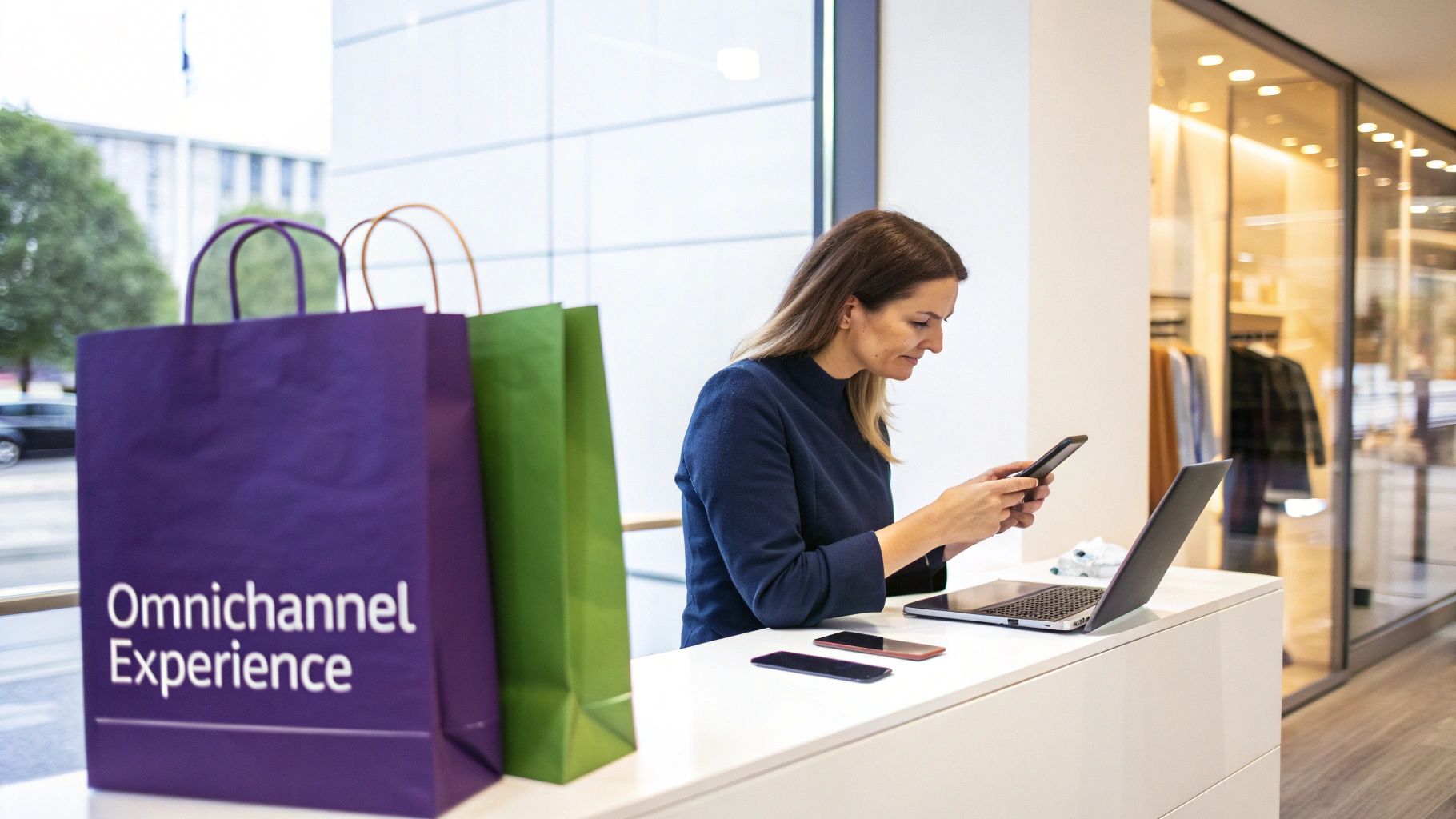 A woman at a modern retail counter uses her phone next to a laptop and 'Omnichannel Experience' bags.