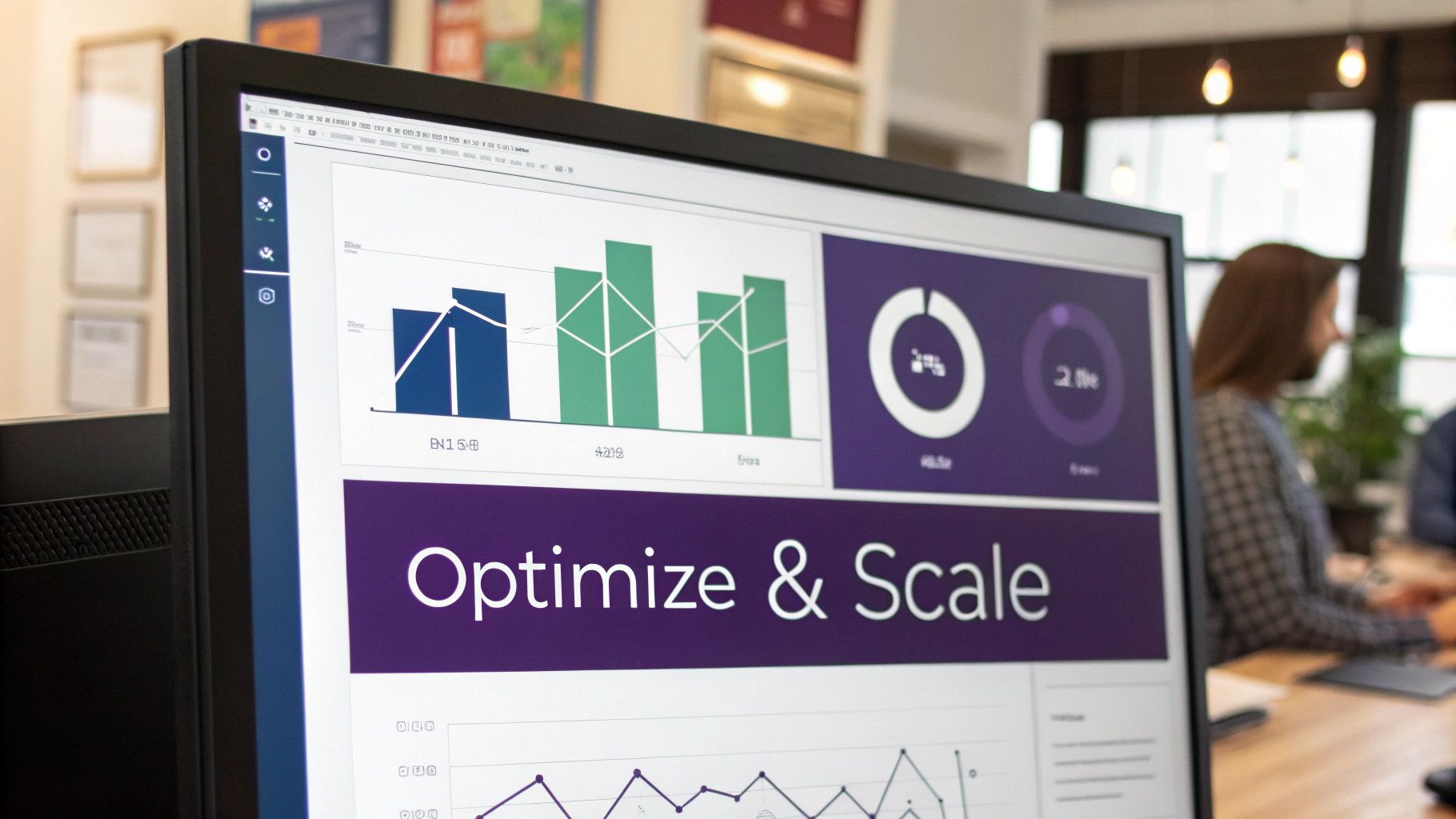A computer monitor displays a business dashboard with data visualizations and 'Optimize & Scale' text.