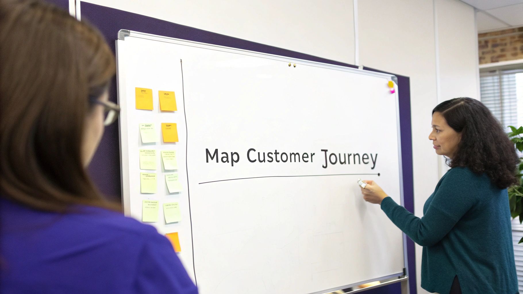 A person mapping out a journey on a whiteboard with sticky notes.