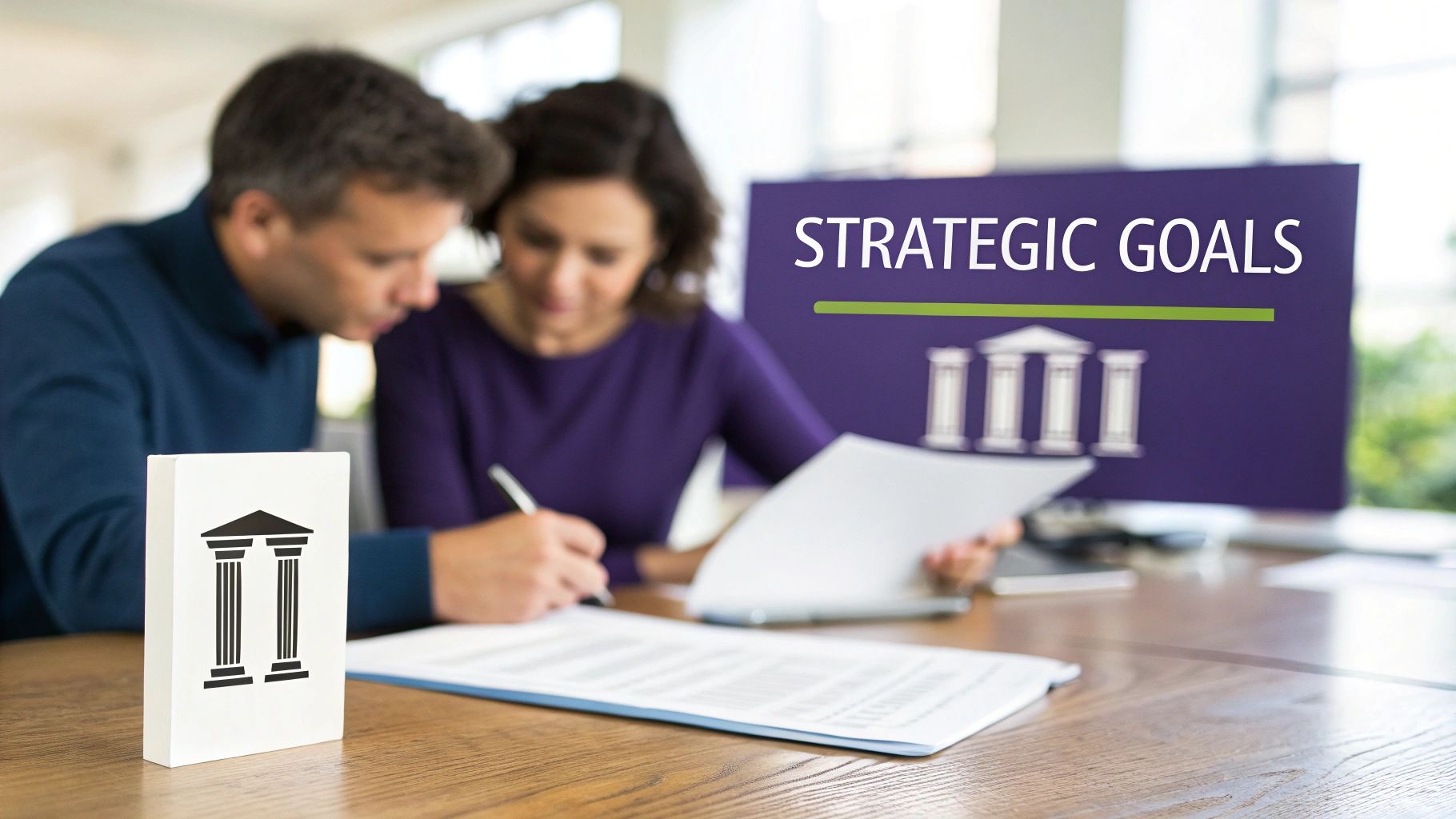 Two business professionals discussing strategic goals and financial documents, with a bank icon on the table and monitor.