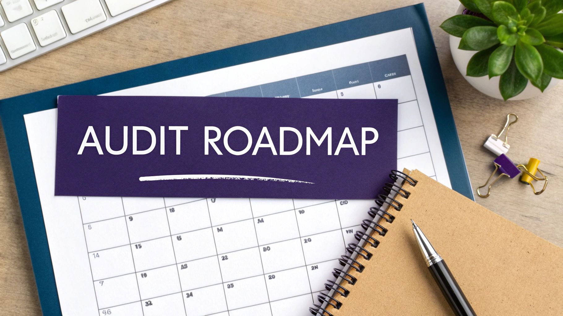 A purple card with 'AUDIT ROADMAP' text on a calendar, surrounded by office supplies.