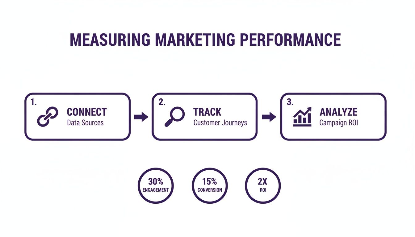 Infographic showing a 3-step process to measure marketing performance with engagement, conversion, and ROI metrics.