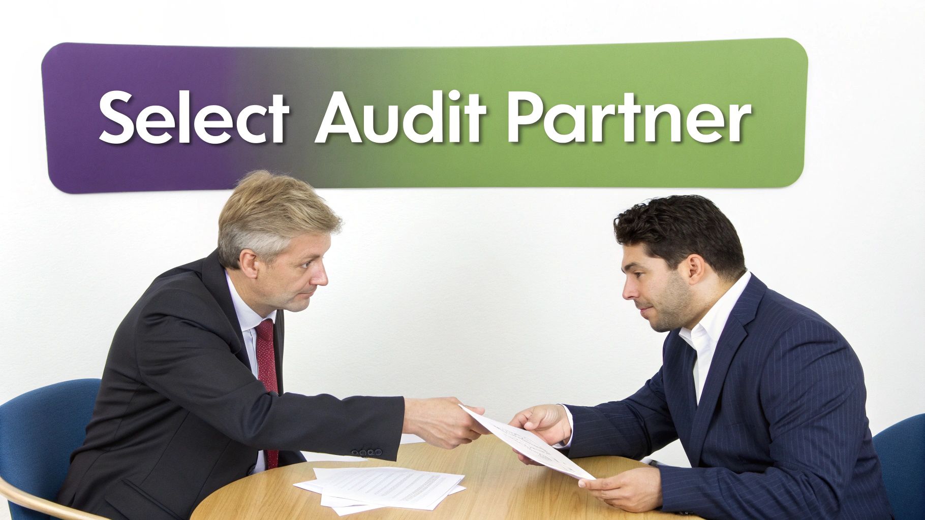 Two businessmen exchange documents at a table under a sign 'Select Audit Partner'.