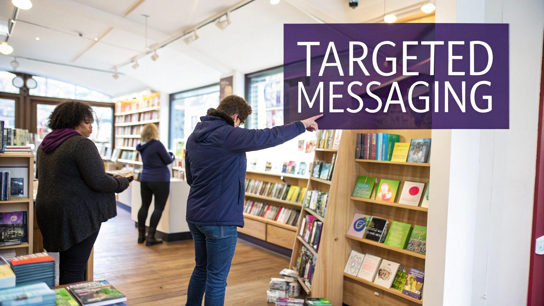 Customers browse books in a lively bookstore, overlaid with a 'TARGETED MESSAGING' graphic.