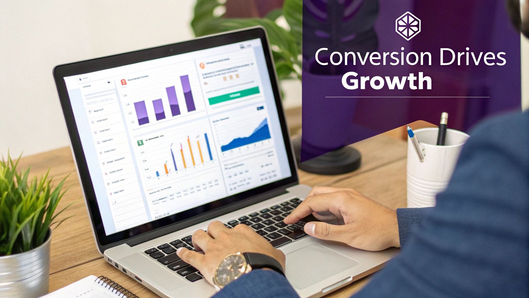 Businessman analyzing conversion data and growth charts on a laptop at a desk.