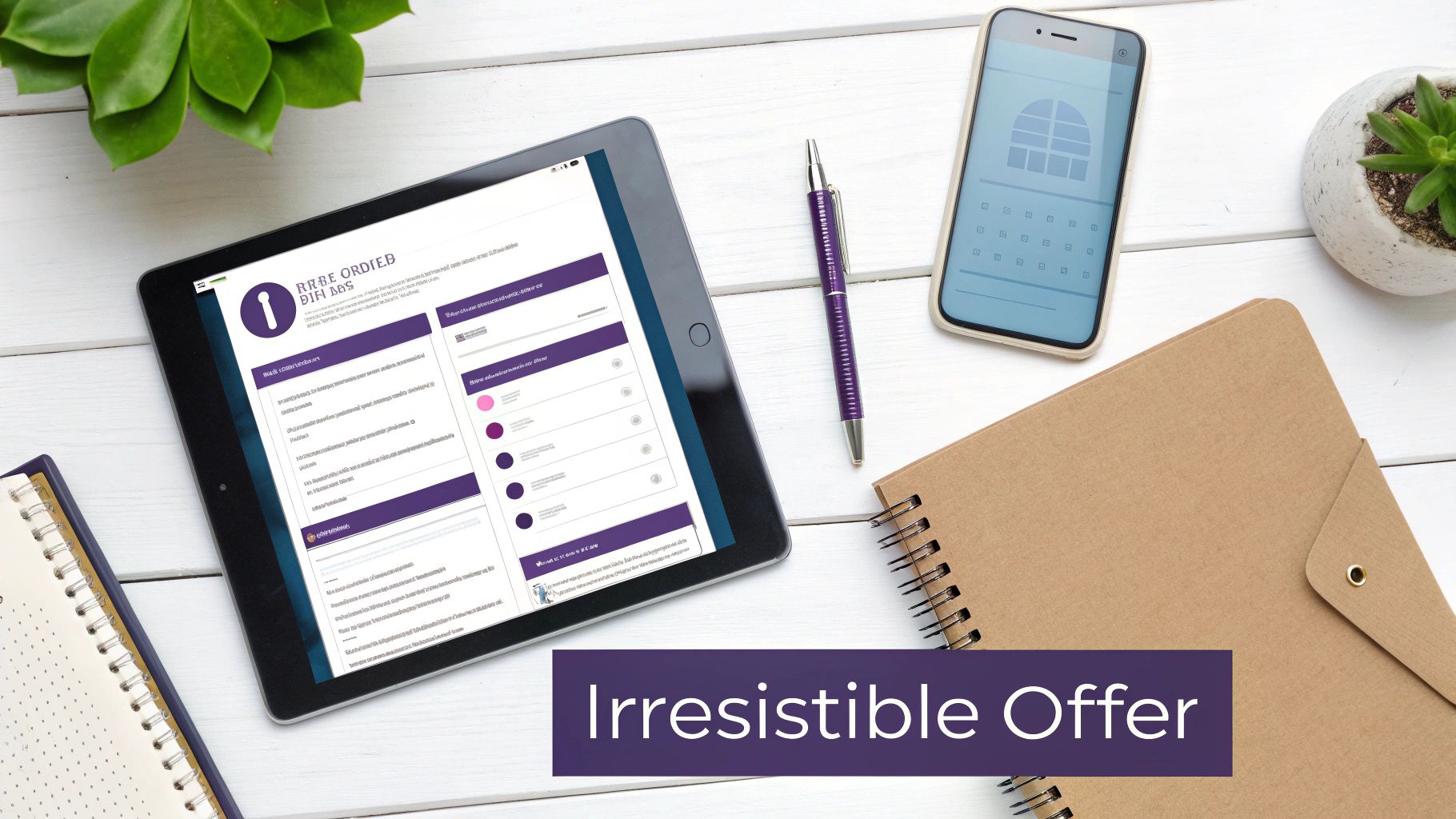 A flat lay of a modern workspace with a tablet displaying a purple web page and a smartphone, alongside the text 'Irresistible Offer'.