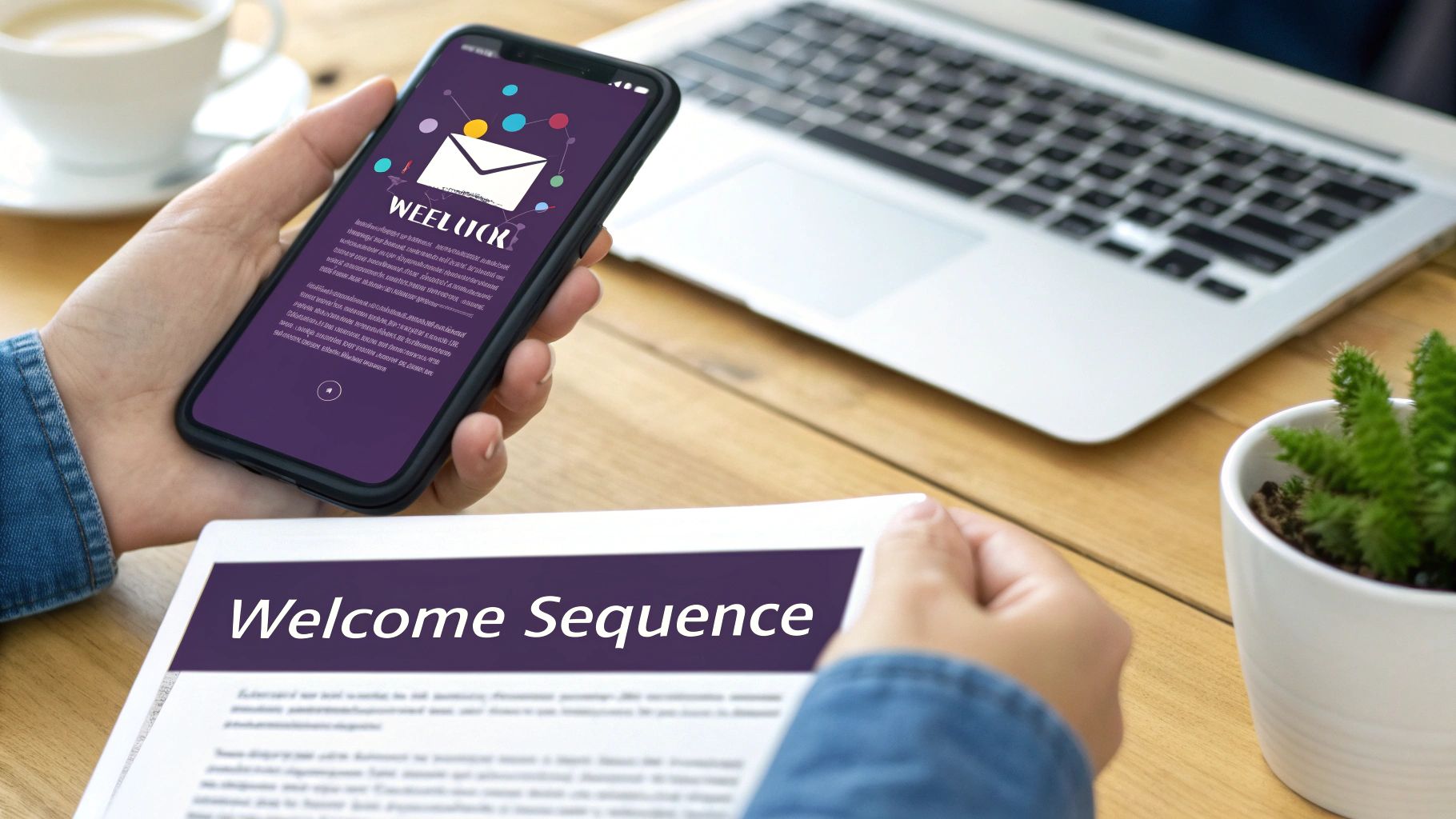 Hands holding a smartphone displaying an email app and a document titled 'Welcome Sequence'.